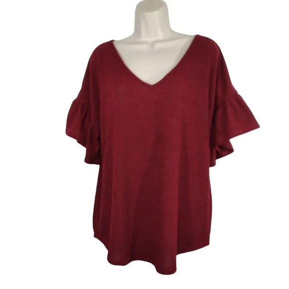 She and Sky Red Ribbed Knit Top Vneck Women Size M Short Flutter Sleeve - Picture 1 of 8